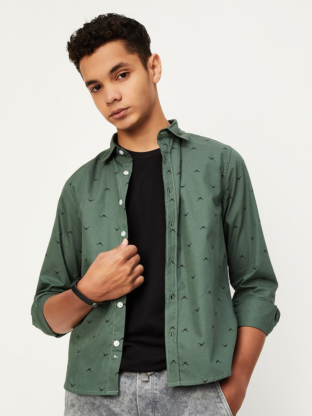 

max Boys Conversational Printed Cotton Casual Shirt, Olive