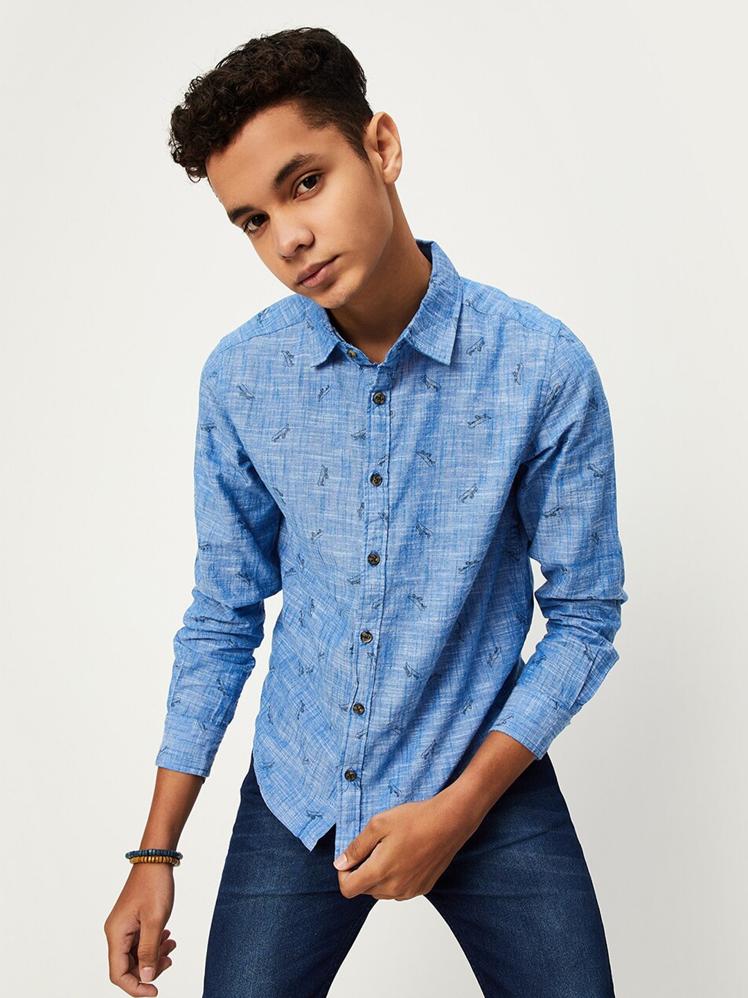 

max Boys Conversational Printed Cotton Casual Shirt, Blue