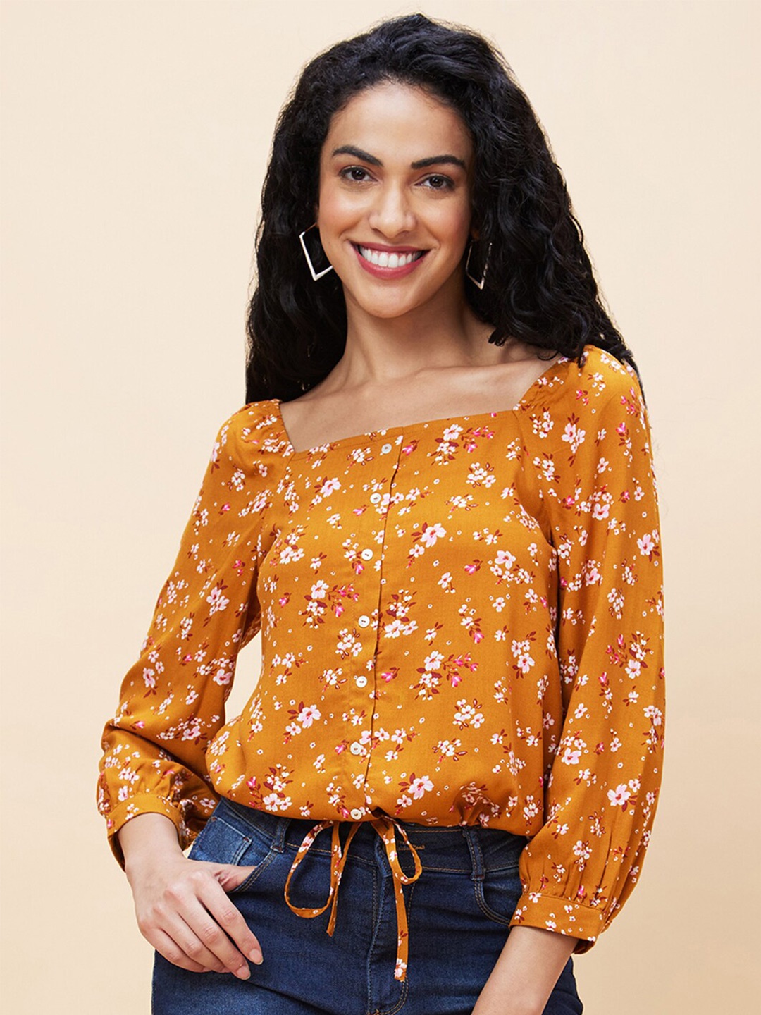 

Globus Floral Printed Shirt Style Top, Yellow