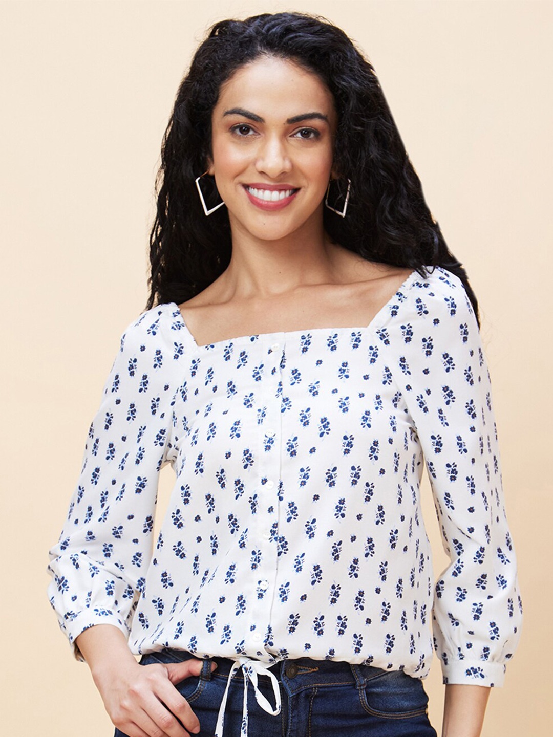 

Globus Floral Printed Puff Sleeve Shirt Style Top, White