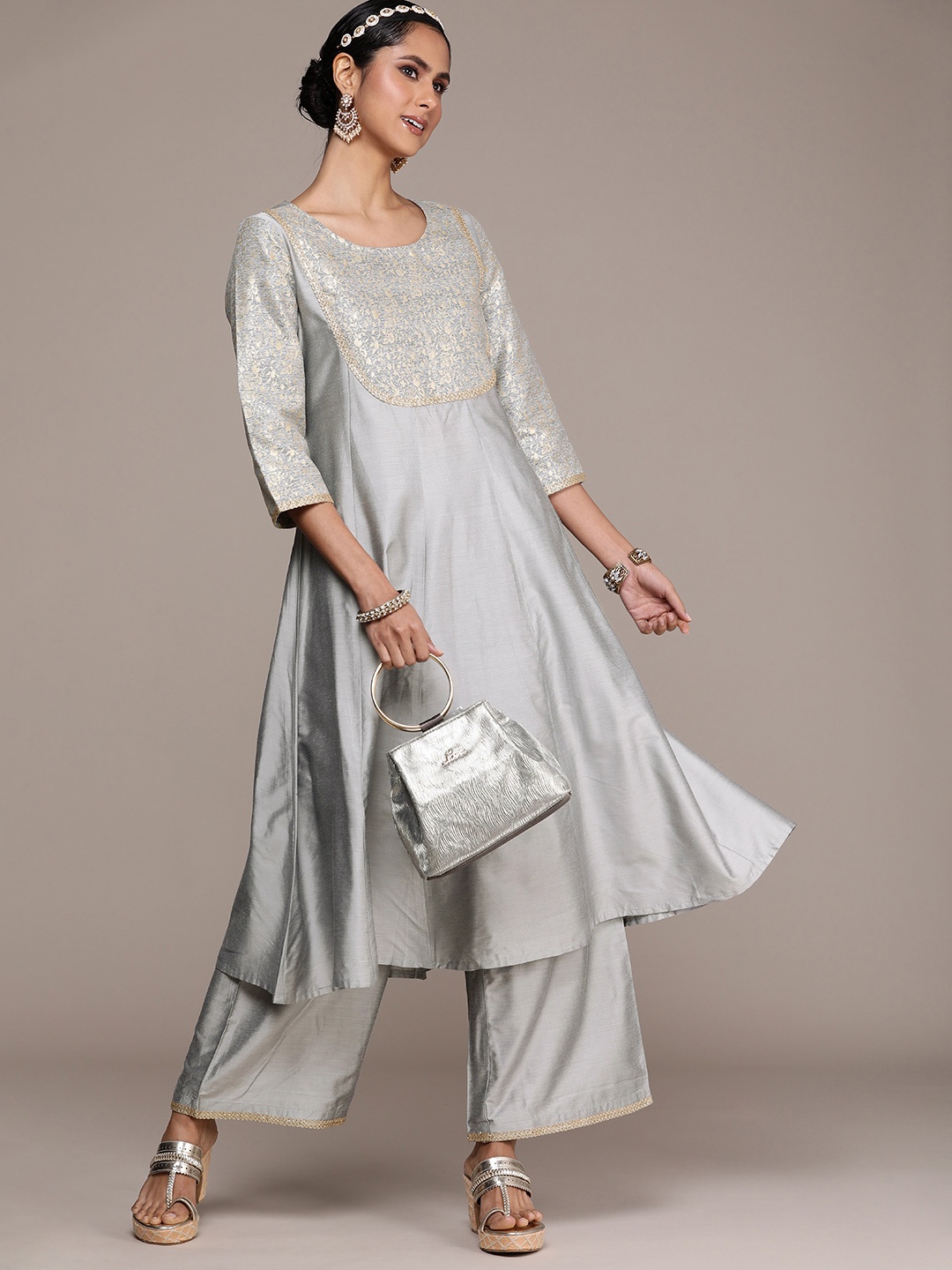 

House of Pataudi Women Jashn Woven Floral Yoke Design Regular Kurta With Palazzos, Grey