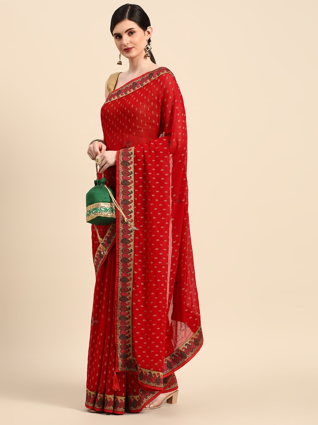 

Mitera Red & Green Ethnic Motifs Printed Zari Pure Silk Saree