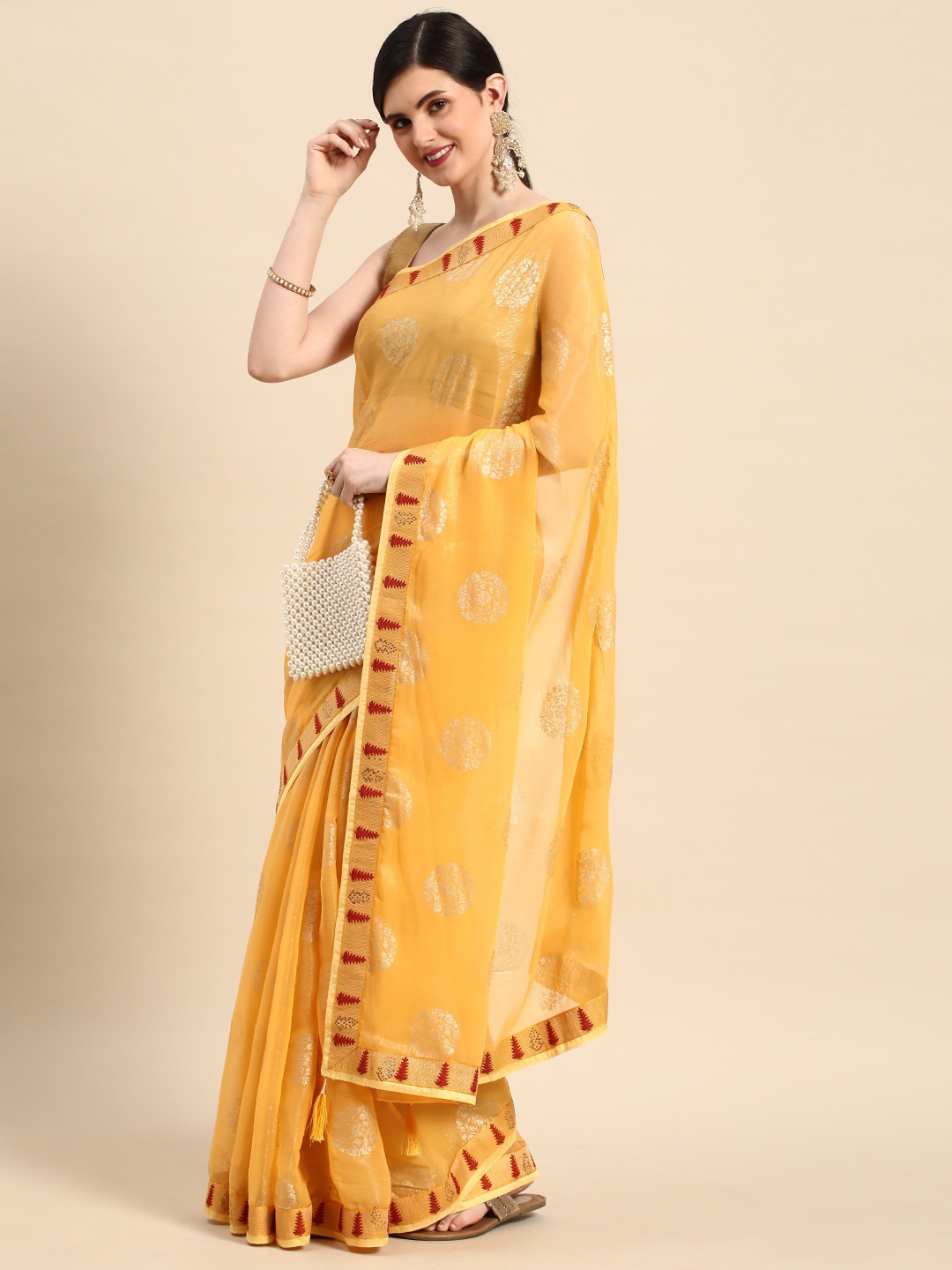 

Mitera Yellow & Gold-Toned Ethnic Motifs Printed Zari Pure Chiffon Saree