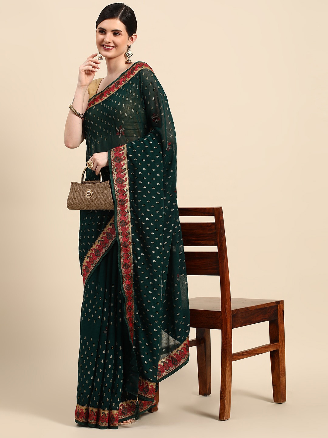 

Mitera Green & Red Ethnic Motifs Woven Design Zari Pure Silk Saree