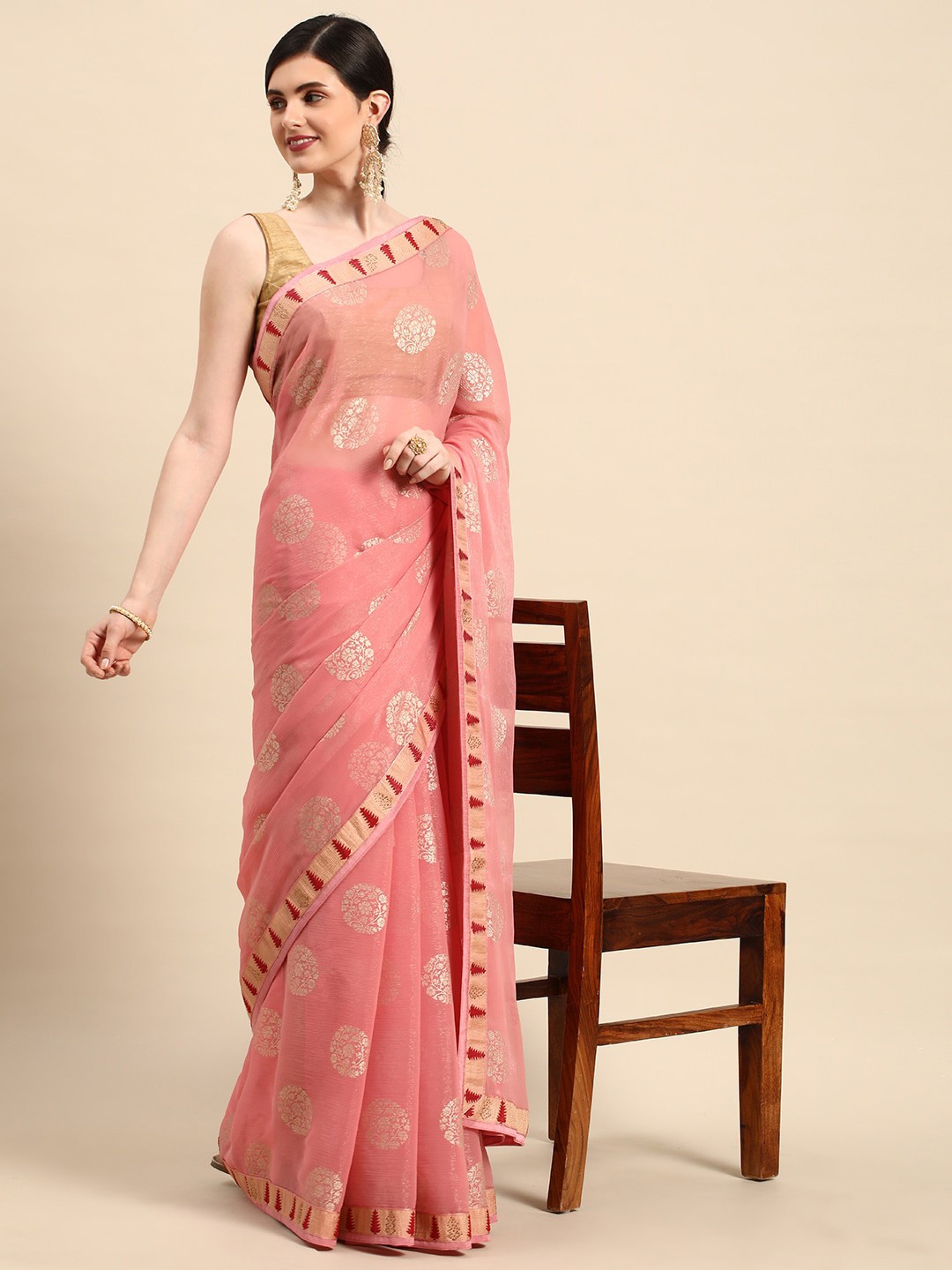 

Mitera Ethnic Motifs Printed Zari Pure Chiffon Saree, Pink