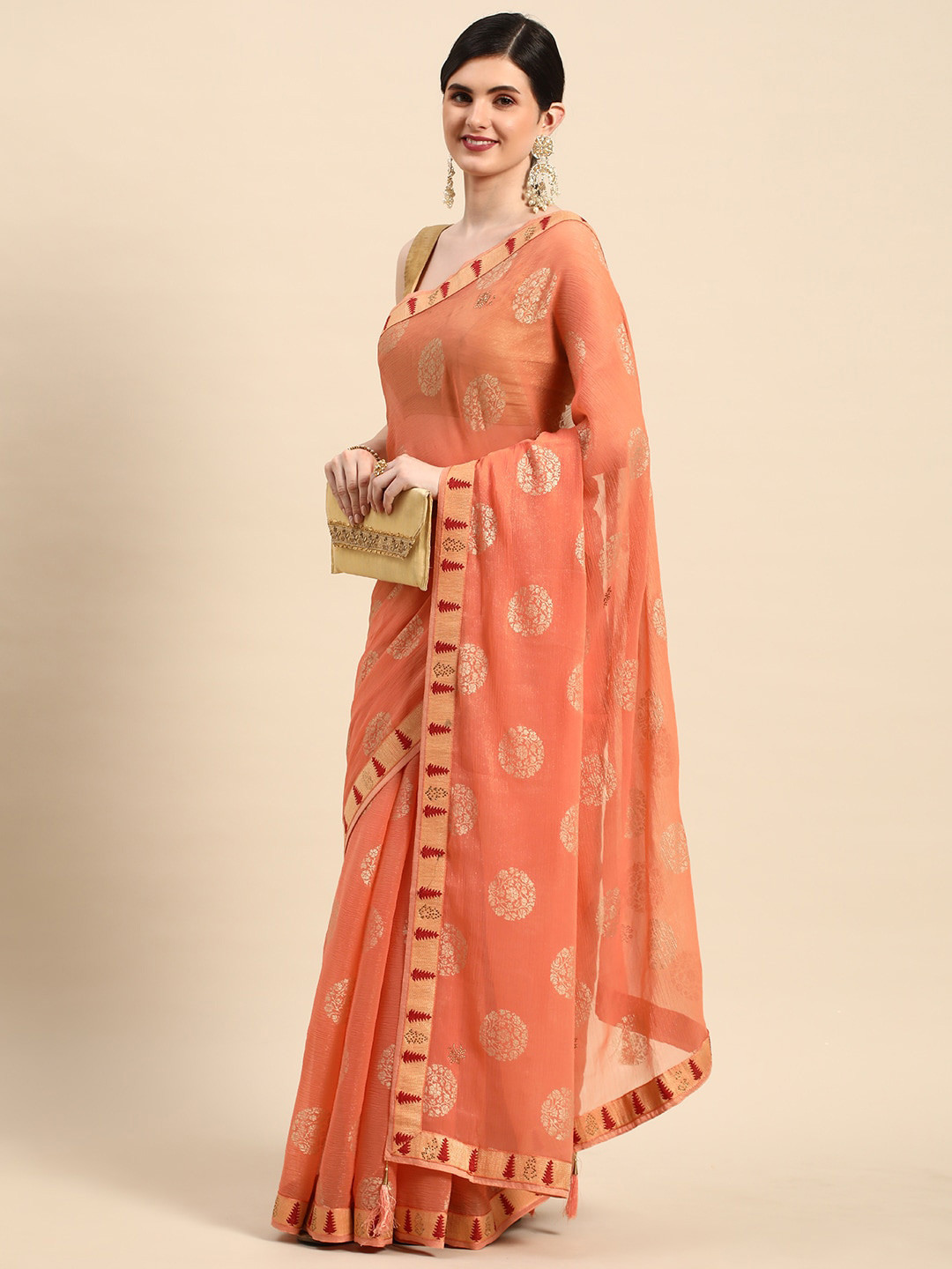

Mitera Orange & Red Ethnic Motifs Pure Chiffon Saree