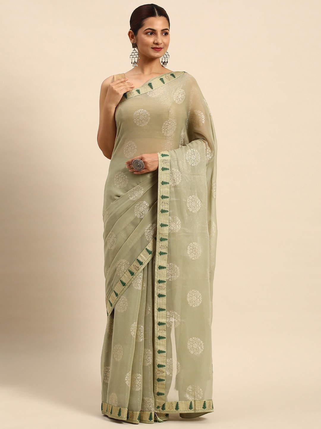 

Mitera Ethnic Motifs Printed Beads and Stones Pure Chiffon Saree, Green