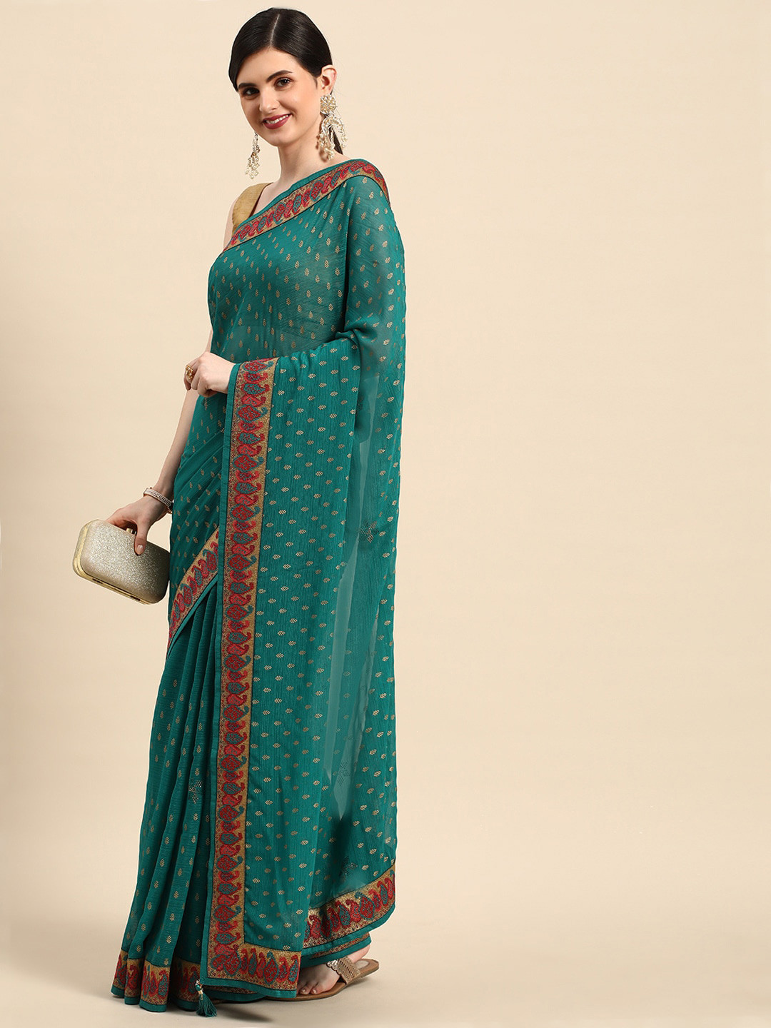 

Mitera Turquoise Blue & Red Ethnic Motifs Zari Pure Silk Saree