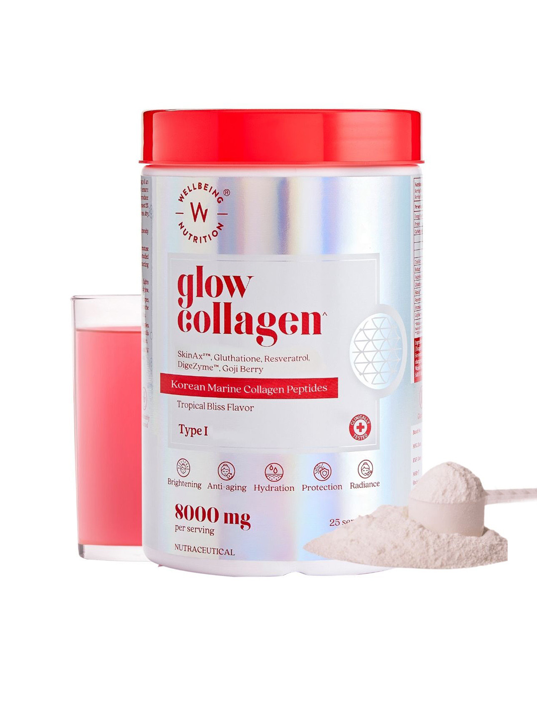 

Wellbeing Nutrition Glow Marine Collagen With Glutathione For Skin Radiance - 250g, Red