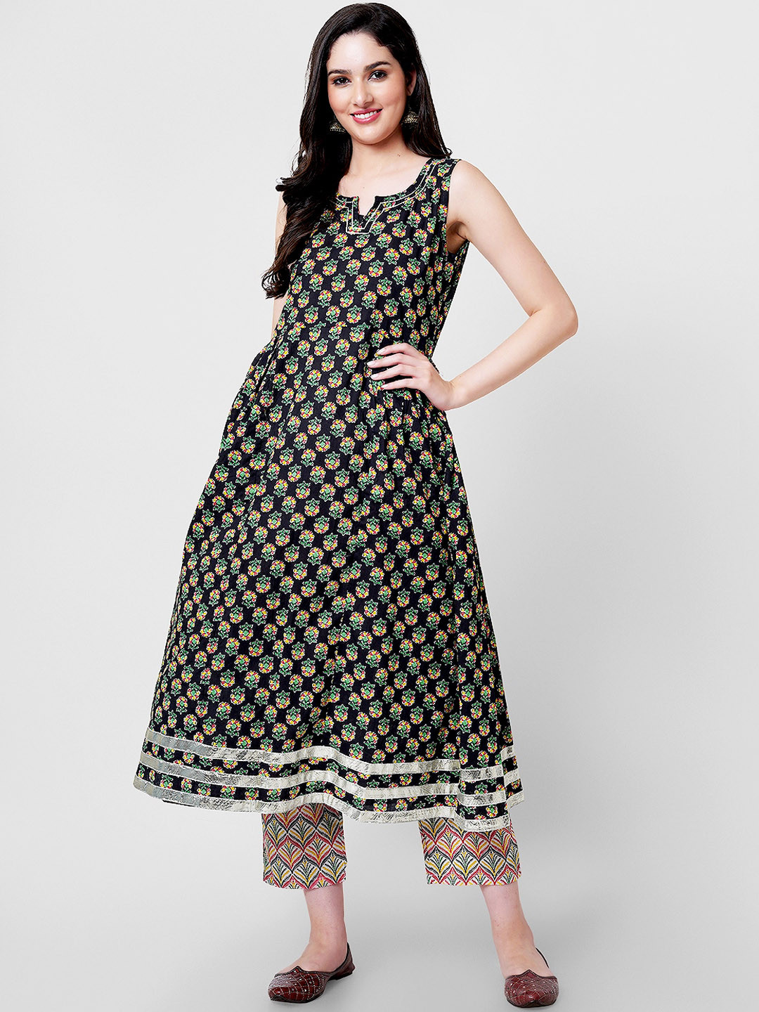 

KALINI Floral Printed Pure Cotton A-Line Kurta With Palazzos & Dupatta, Black