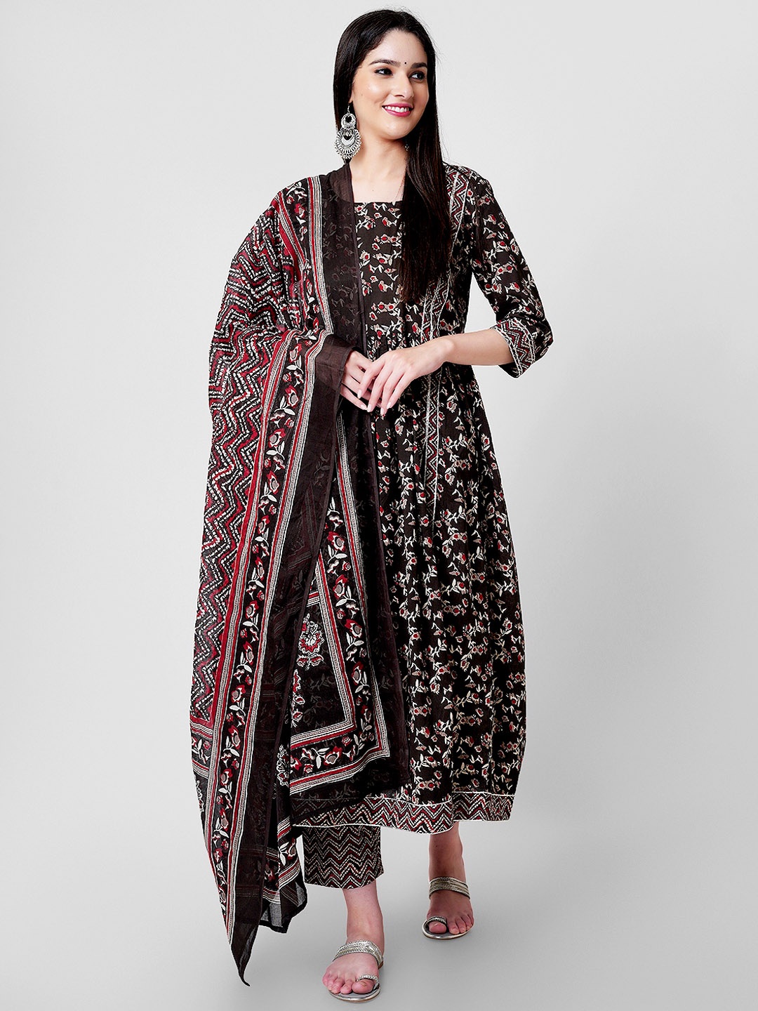 

KALINI Floral Printed Pure Cotton A-Line Kurta & Trousers With Dupatta, Brown