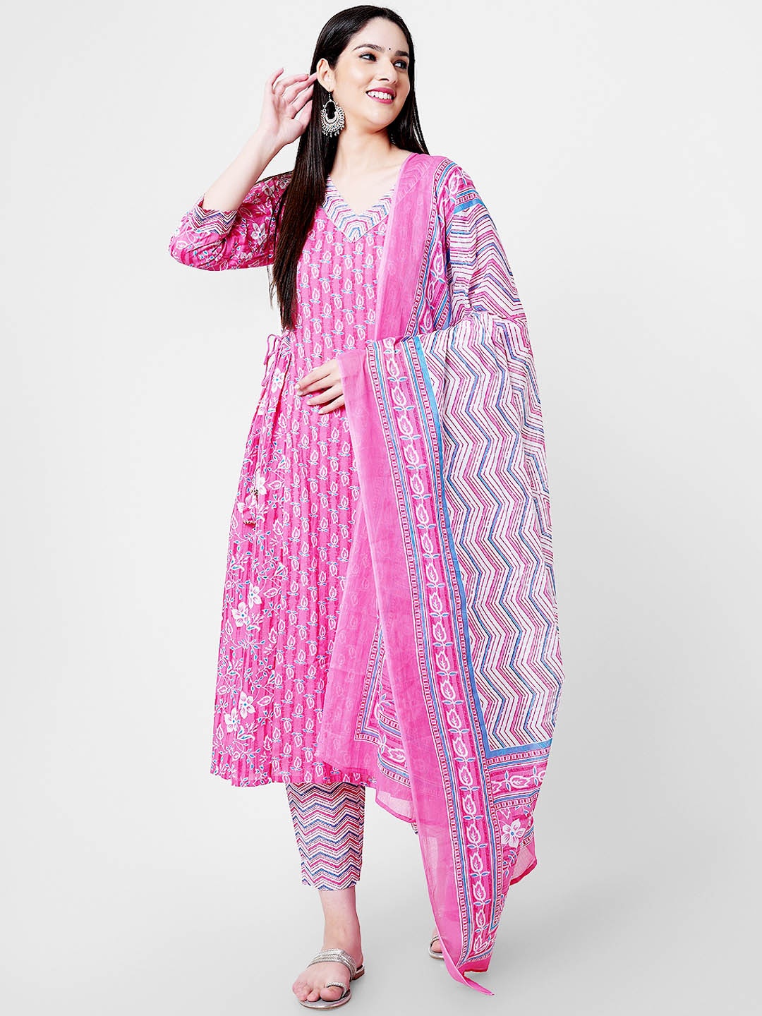 

KALINI Floral Printed Regular Pure Cotton Kurta & Palazzos With Dupatta, Pink