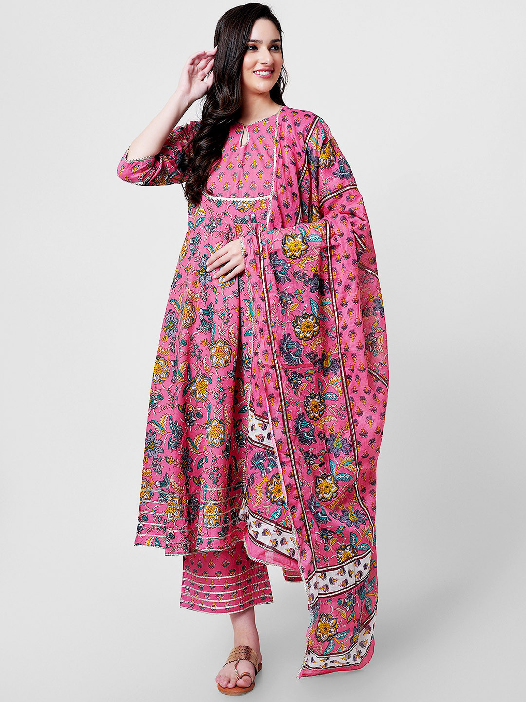 

KALINI Floral Printed Gotta Patti Pure Cotton Kurta & Palazzos With Dupatta, Pink