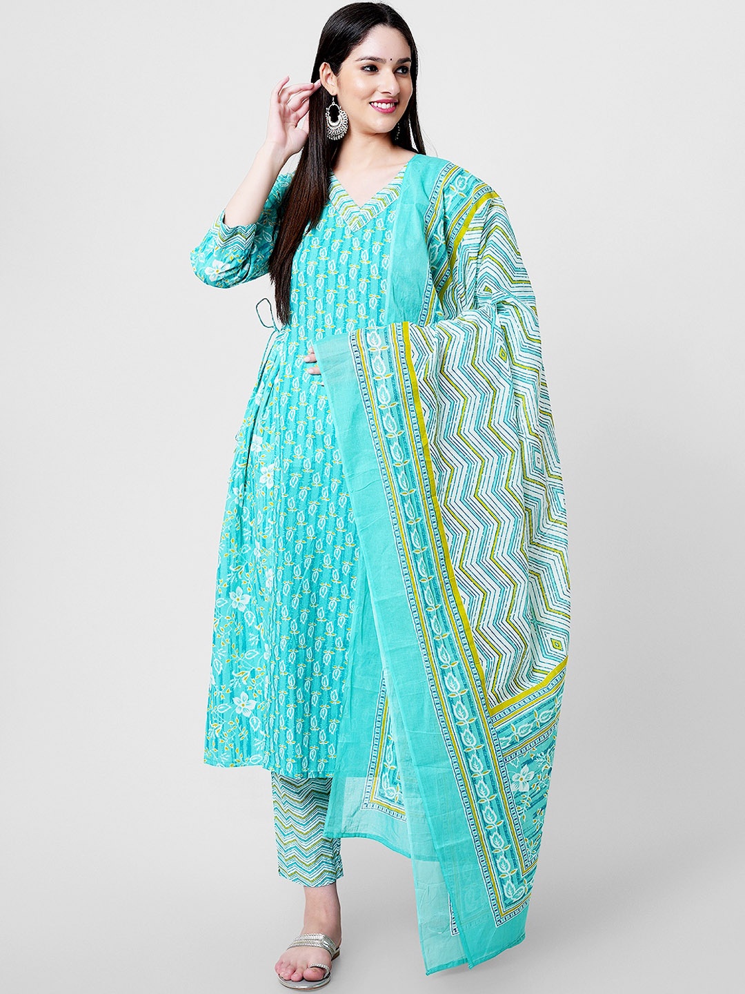 

KALINI Floral Printed V-Neck Pure Cotton A-Line Kurta & Palazzos With Dupatta, Sea green