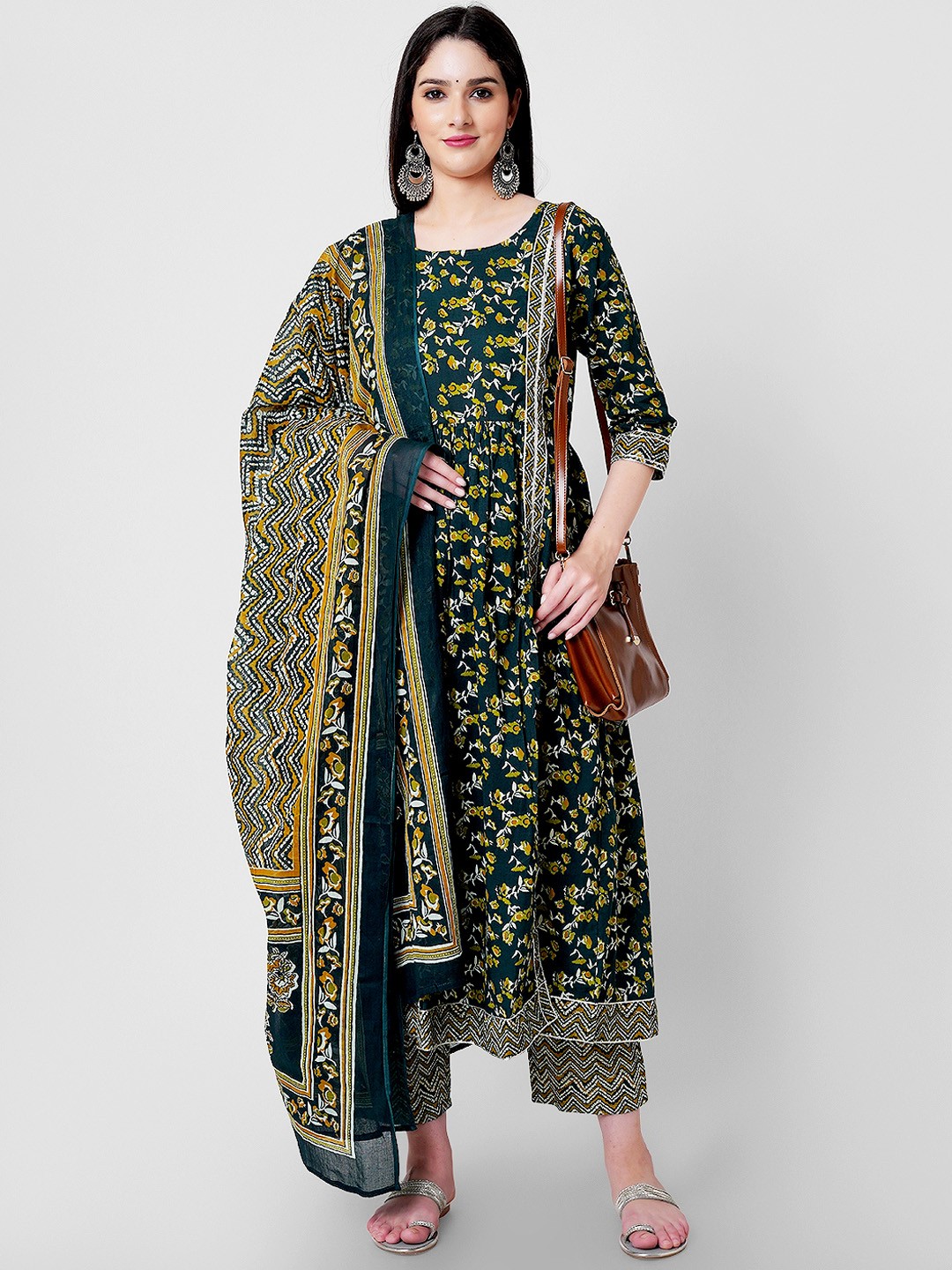 

KALINI Floral Printed Pure Cotton Straight Kurta With Palazzos & Dupatta, Green