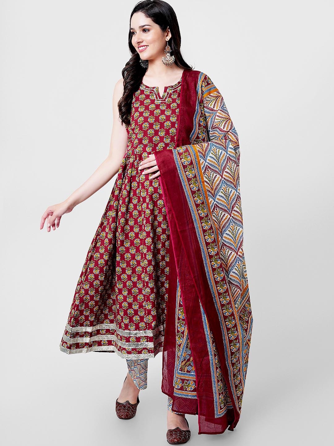 

KALINI Floral Printed Pure Cotton Kurta & Palazzos With Dupatta, Maroon