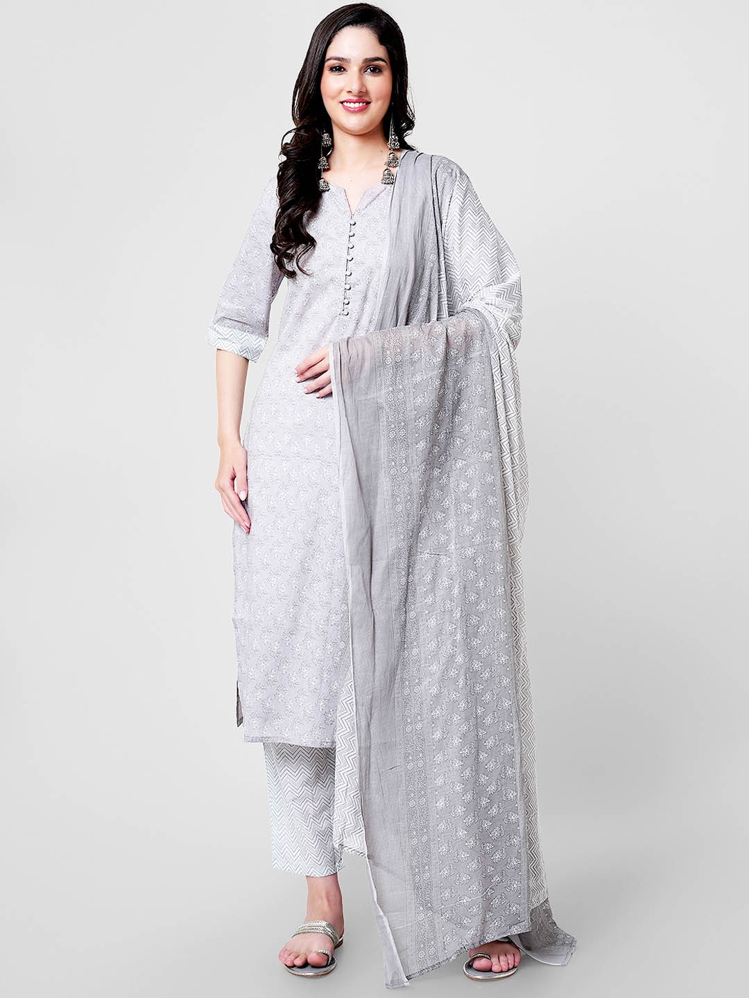 

KALINI Floral Printed Beads and Stones Pure Cotton Kurta with Trousers & Dupatta, Grey