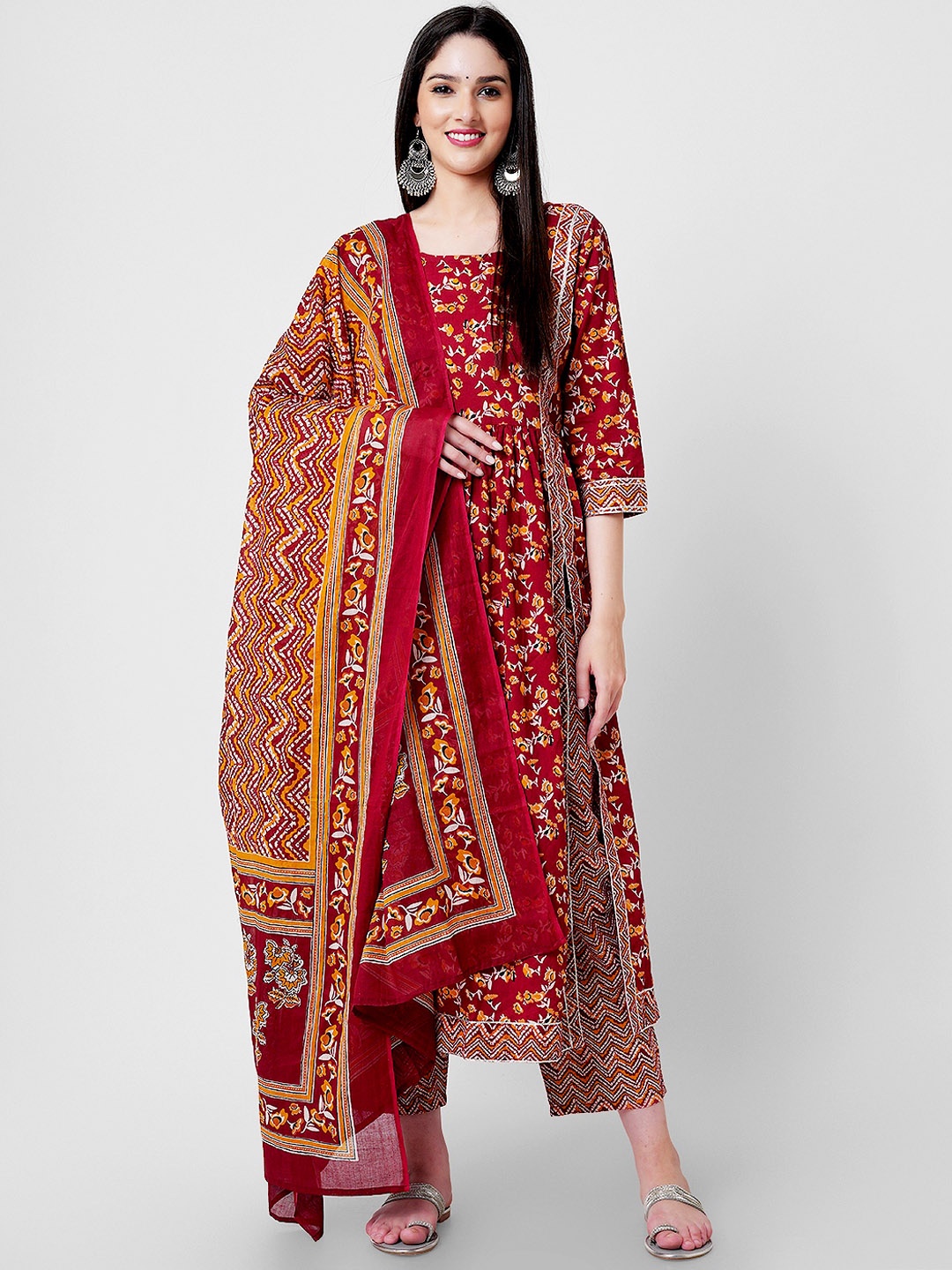 

KALINI Floral Printed Pure Cotton Straight Kurta With Palazzos & Dupatta, Orange