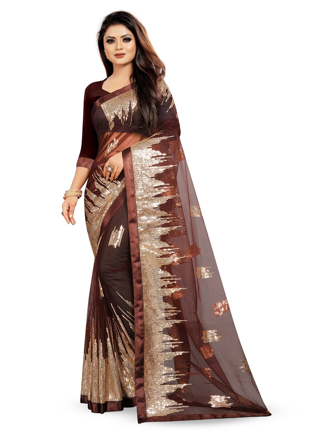 

BARKIYA CREATION Embellished Sequined Net Saree, Brown