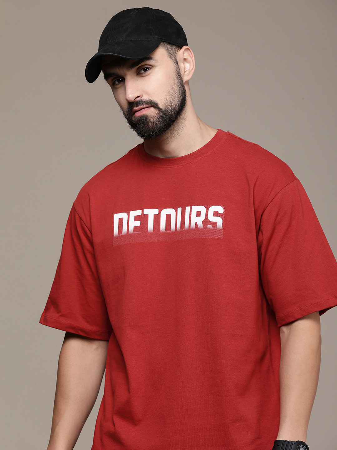 

The Roadster Life Co. Pure Cotton Typography Printed Drop-Shoulder Sleeves Casual T-shirt, Red