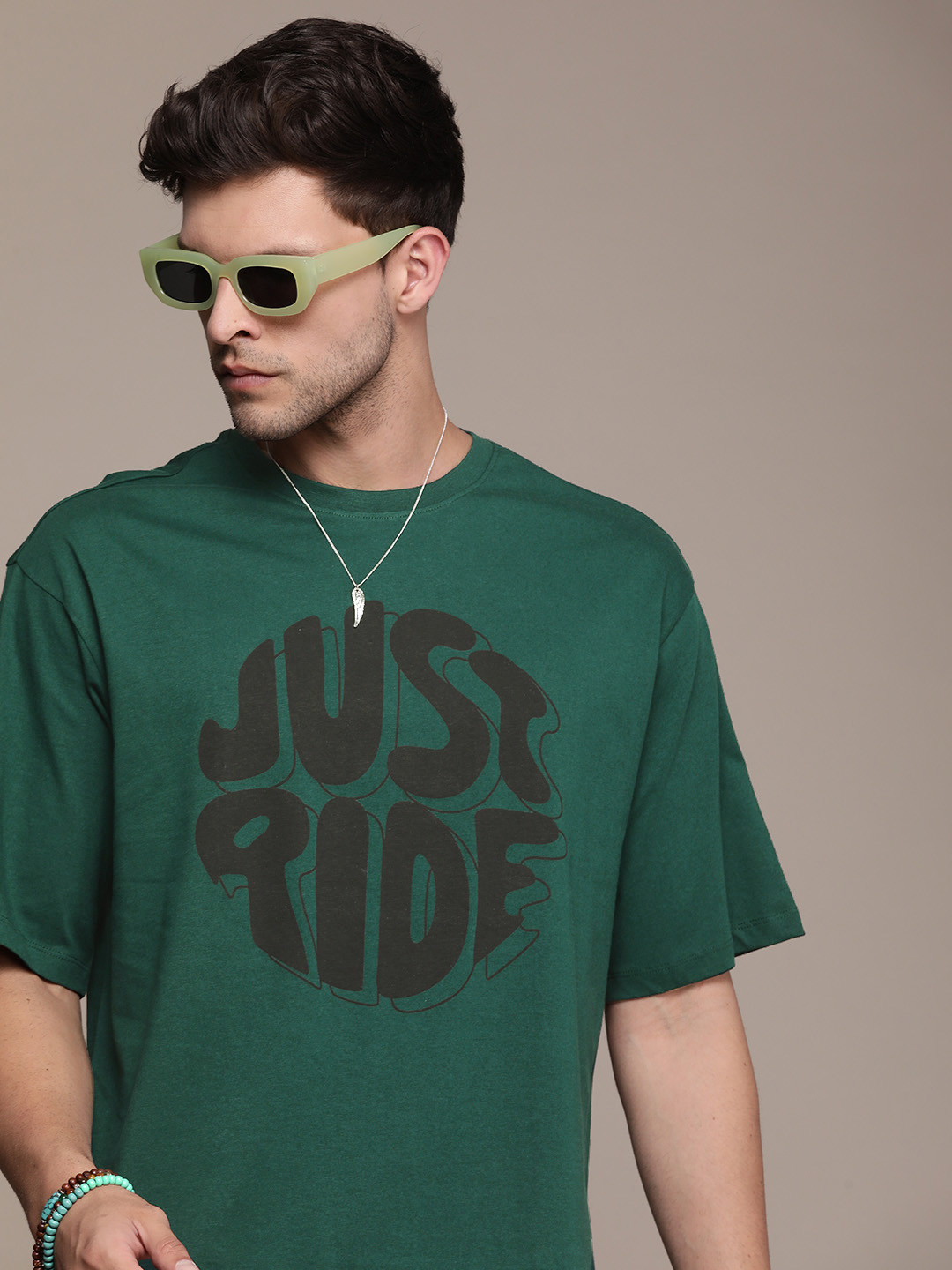 

The Roadster Life Co. Pure Cotton Typography Printed Drop-Shoulder Sleeves Casual T-shirt, Green