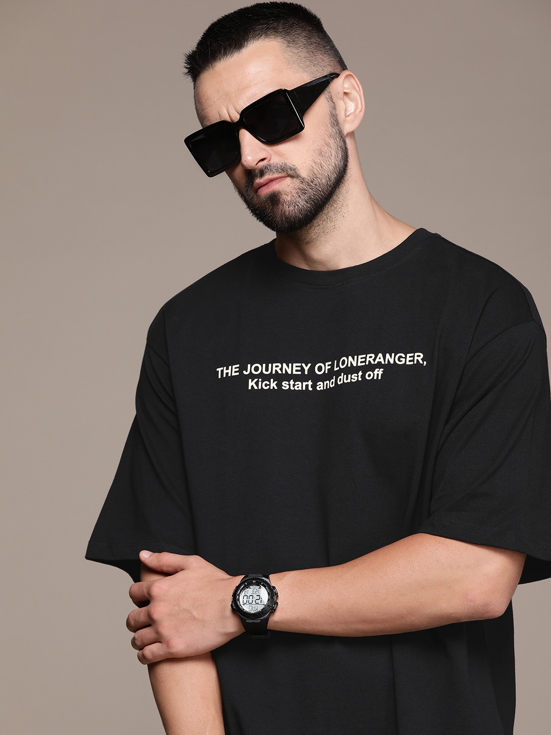 

Roadster Men Typography Printed Drop-Shoulder Sleeves Pure Cotton T-shirt, Black