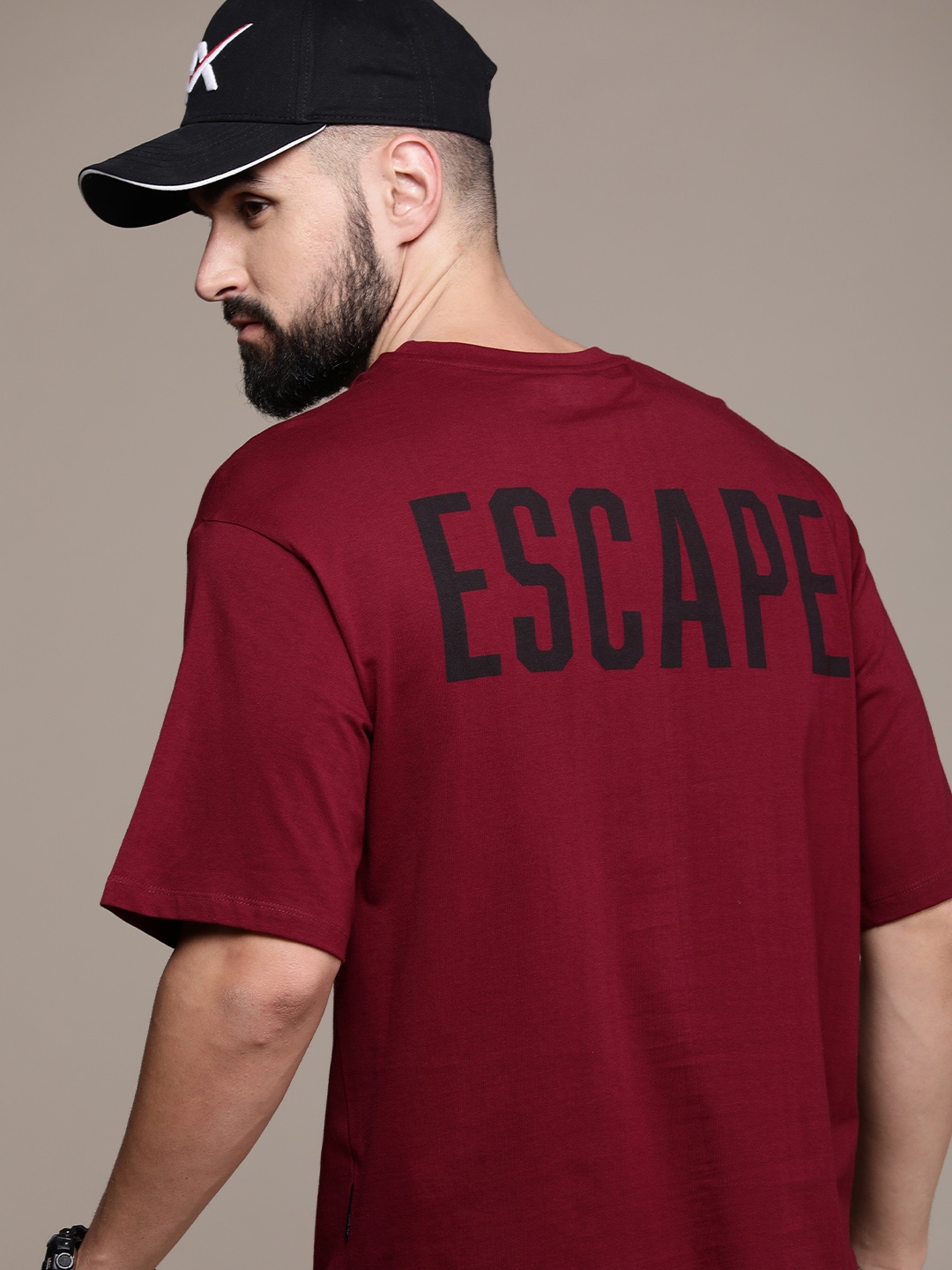 

The Roadster Lifestyle Co. Oversized Fit Typography Printed Drop-Shoulder Pure Cotton T-shirt, Maroon