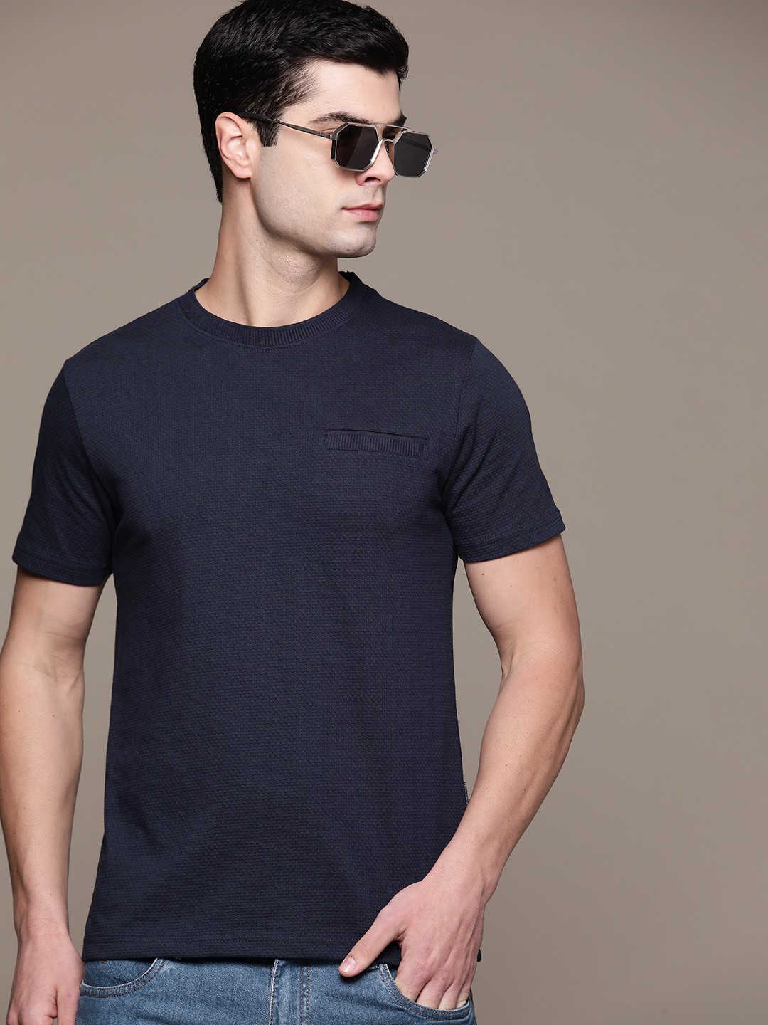 

The Roadster Lifestyle Co. Short Sleeves Textured T-shirt, Navy blue