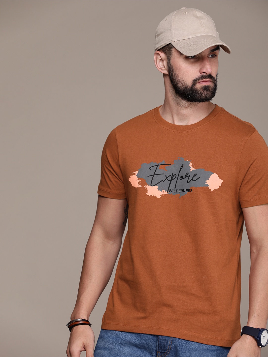 

The Roadster Life Co. Typography Printed Pure Cotton T-shirt, Rust