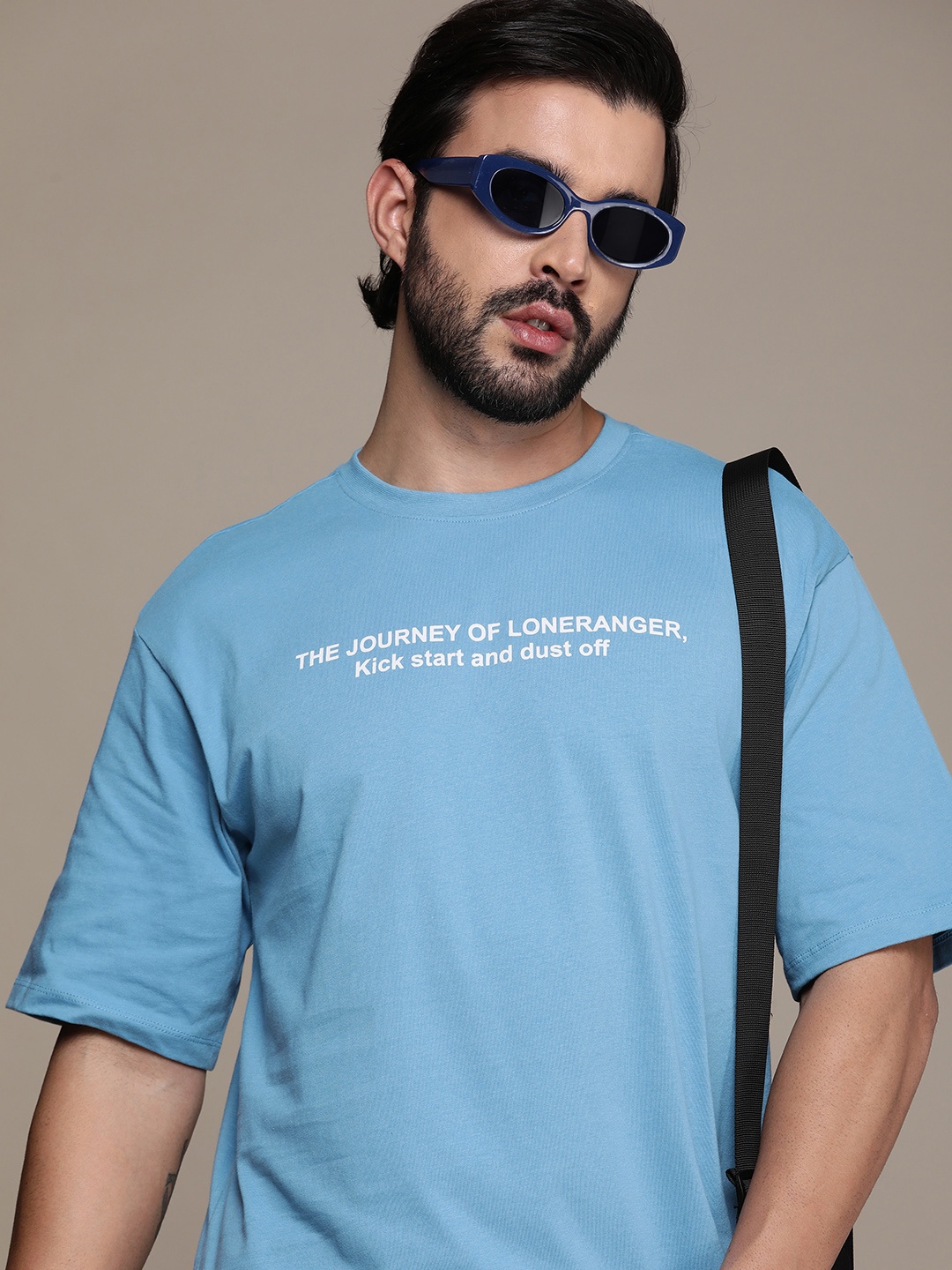 

The Roadster Life Co. Printed Drop-Shoulder Sleeves Pure Cotton Oversized T-shirt, Blue
