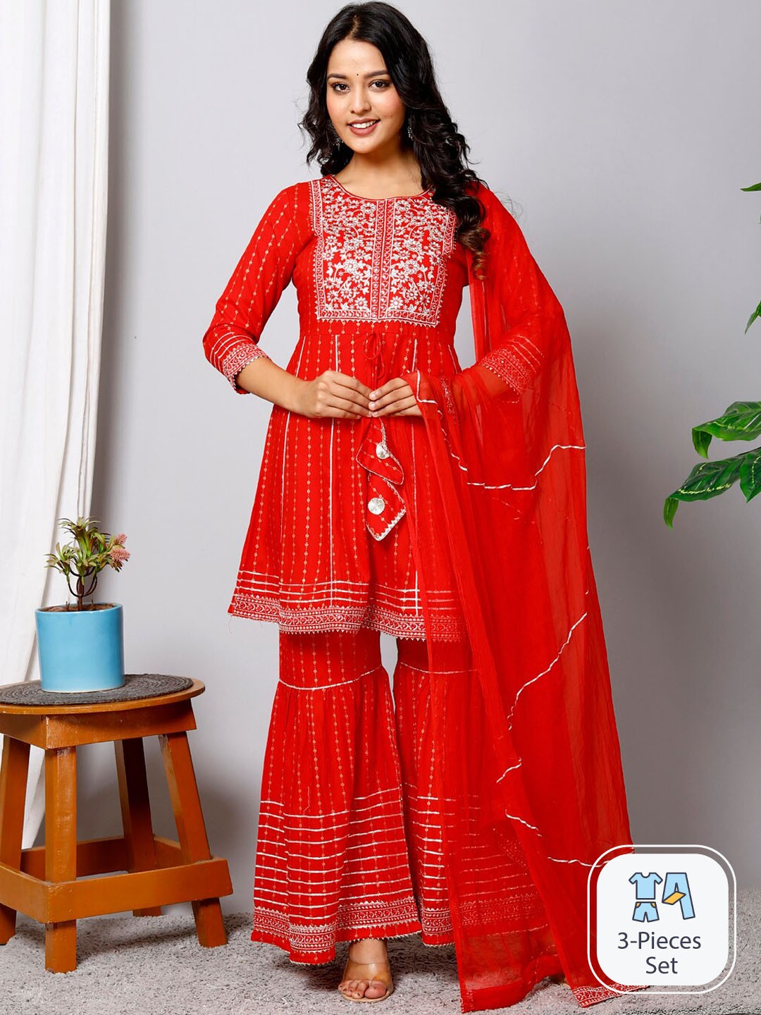 

HERE&NOW Ethnic Motifs Printed Regular Kurta with Sharara & With Dupatta, Red