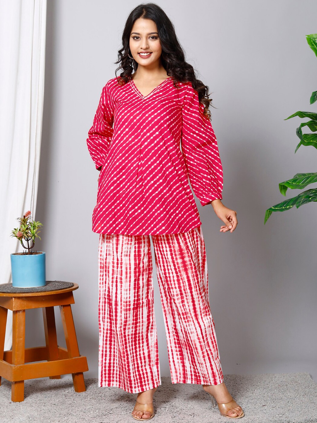 

HERE&NOW Printed Pure Cotton Top With Palazzos, Pink