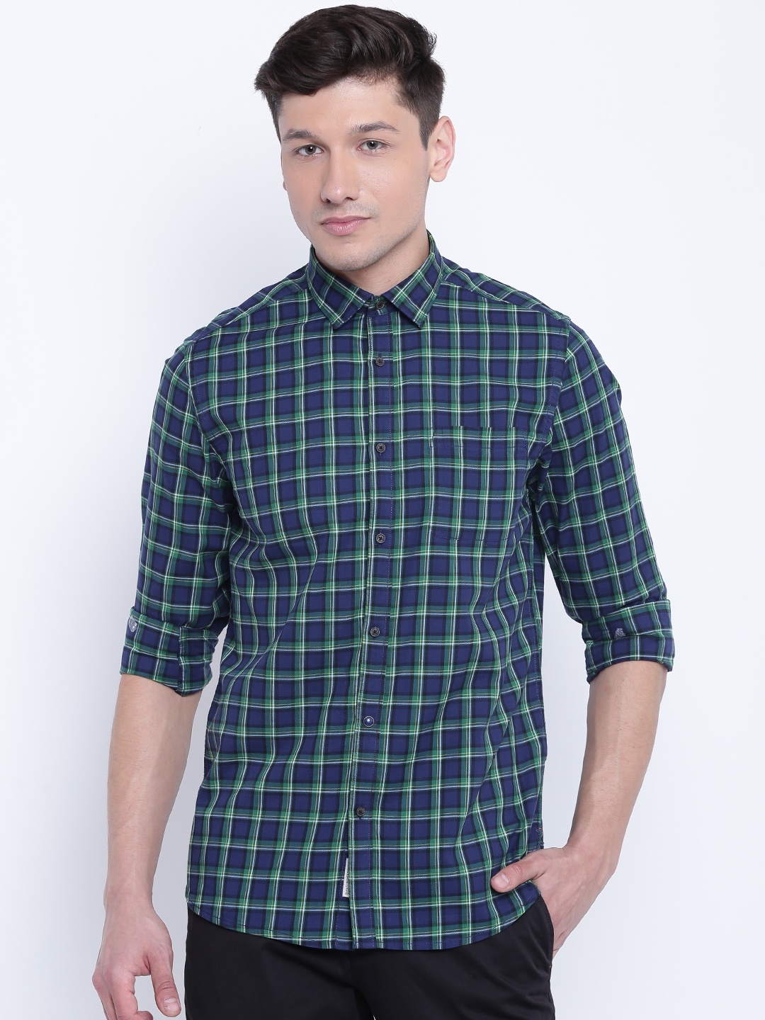 

Blackberrys Men Navy & Green Slim Fit Checked Casual Shirt, Navy blue