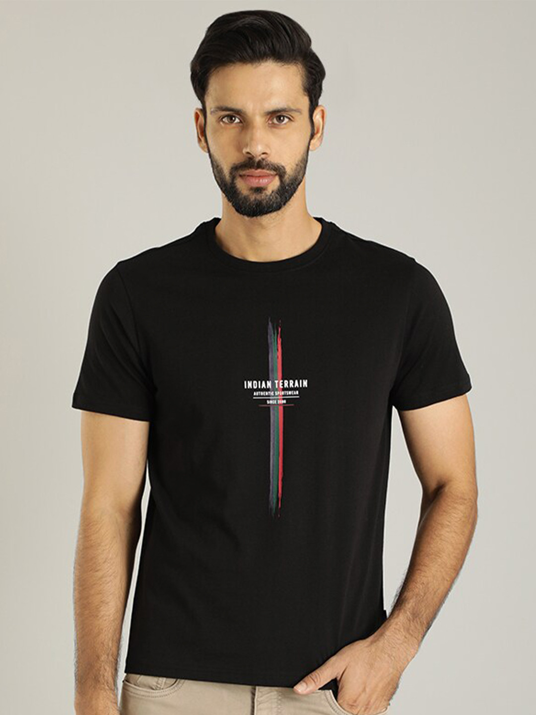 

Indian Terrain Typography Printed Round Neck Pure Cotton T-shirt, Black