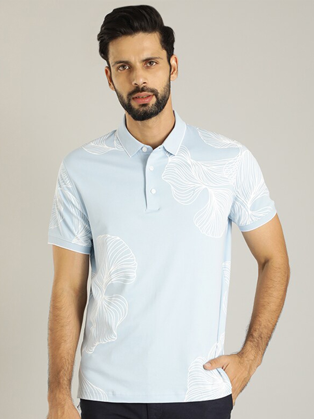 

Indian Terrain Floral Printed Polo Collar Pure Cotton T-shirt, Blue