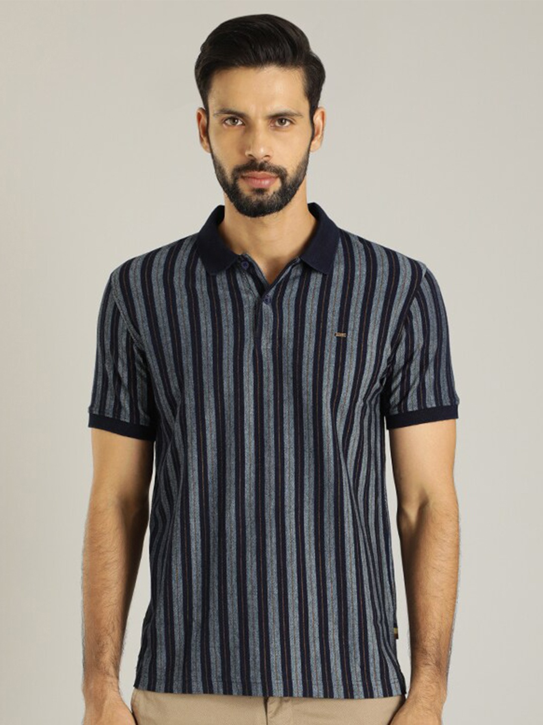 

Indian Terrain Striped Polo Collar Cotton T-shirt, Navy blue