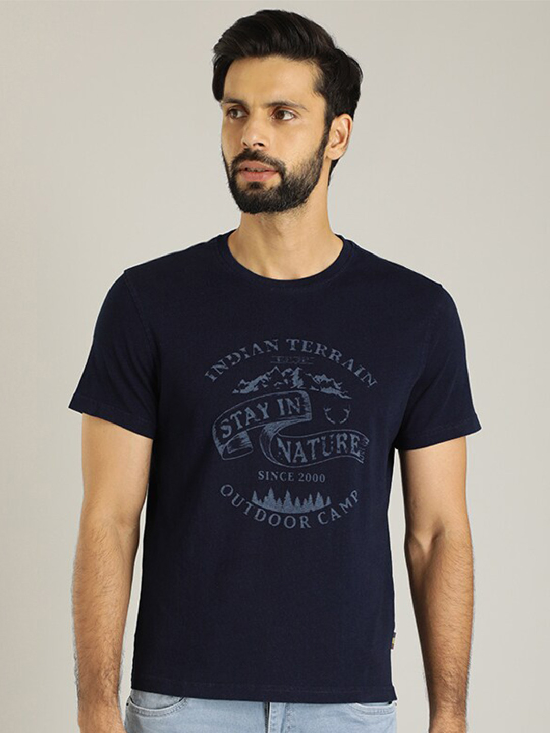 

Indian Terrain Typography Printed Round Neck Pure Cotton Casual T-shirt, Navy blue