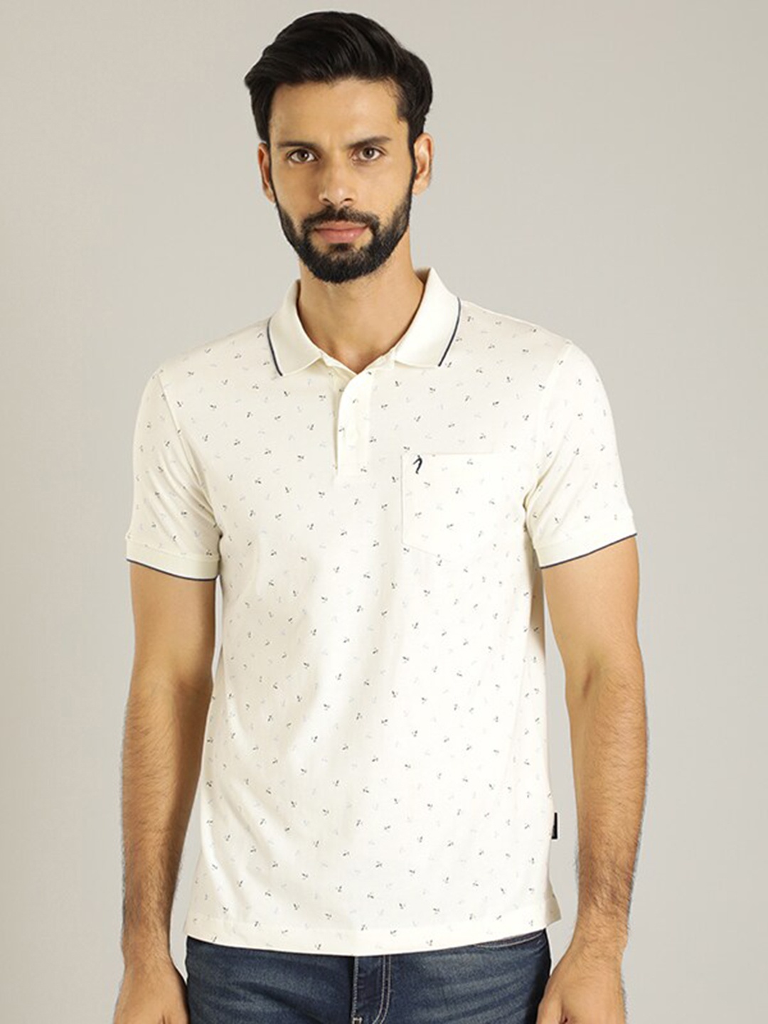 

Indian Terrain Conversational Printed Polo Collar Pockets Cotton T-shirt, White
