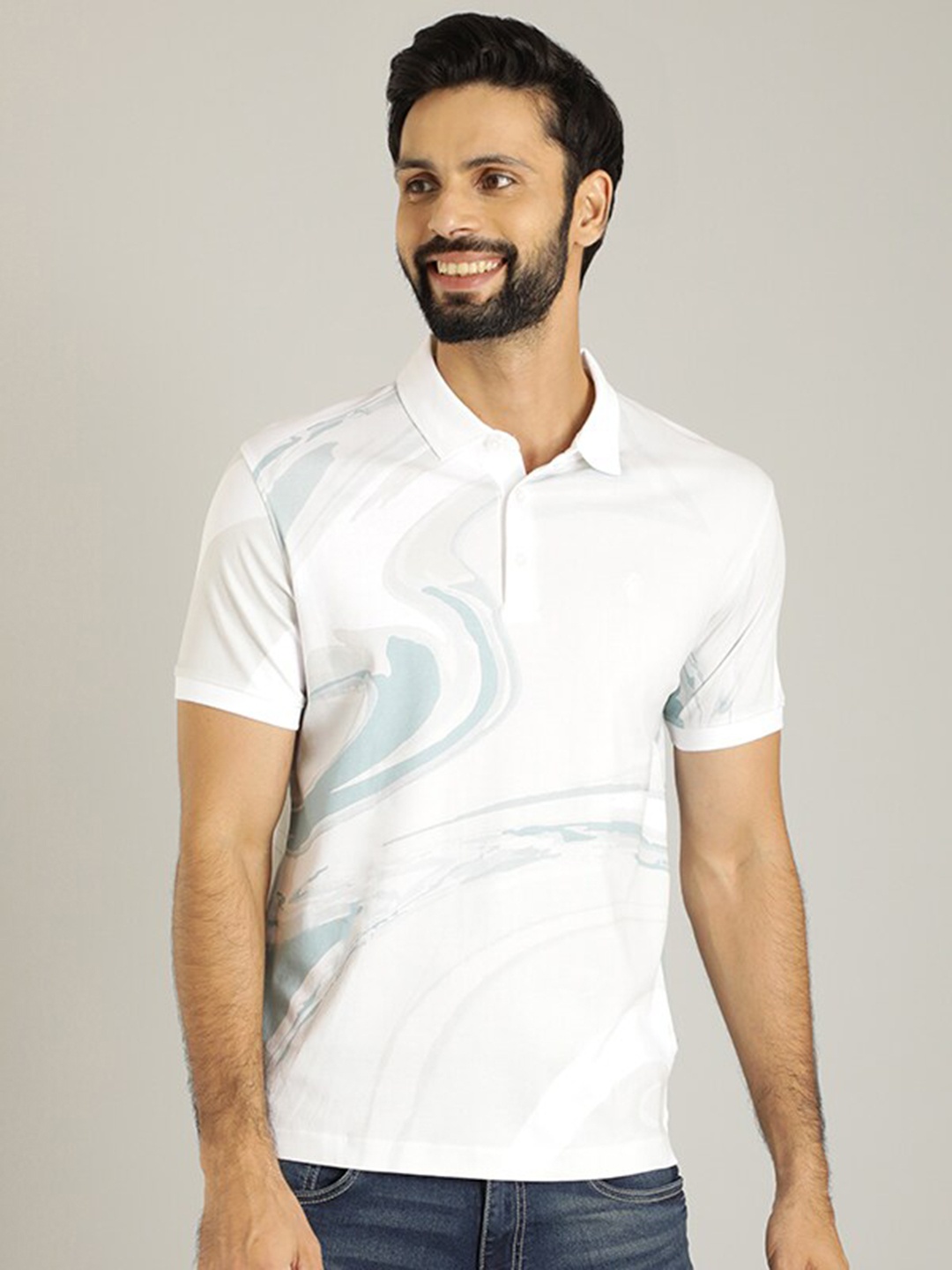 

Indian Terrain Abstract Printed Polo Collar Pure Cotton T-shirt, White