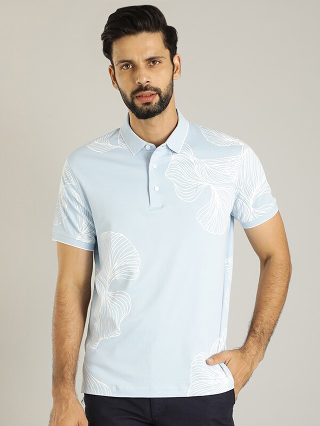 

Indian Terrain Floral Printed Polo Collar Pure Cotton T-shirt, Blue