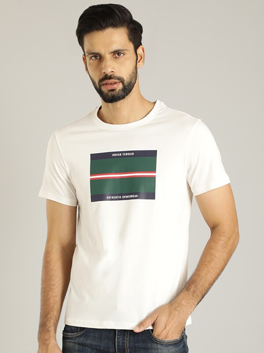 

Indian Terrain Graphic Printed Round Neck Pure Cotton T-shirt, White