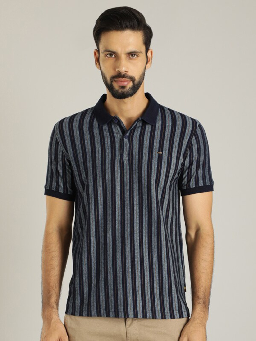 

Indian Terrain Striped Polo Collar Pure Cotton T-shirt, Navy blue