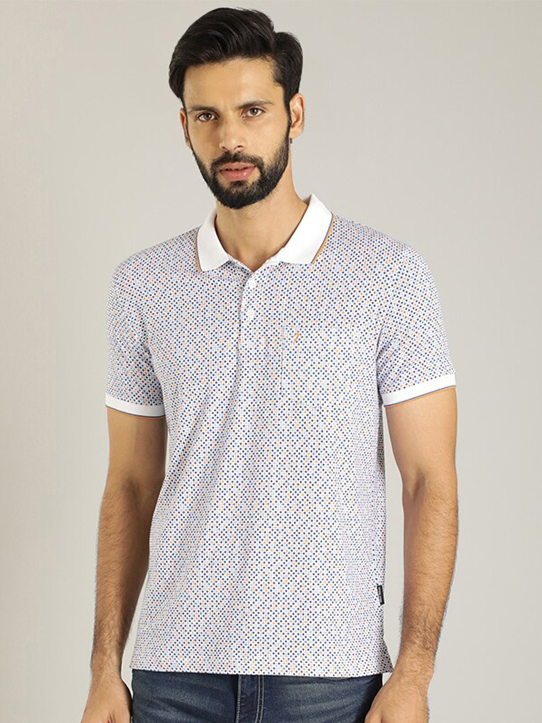 

Indian Terrain Geometric Printed Polo Collar Pockets Cotton T-shirt, White