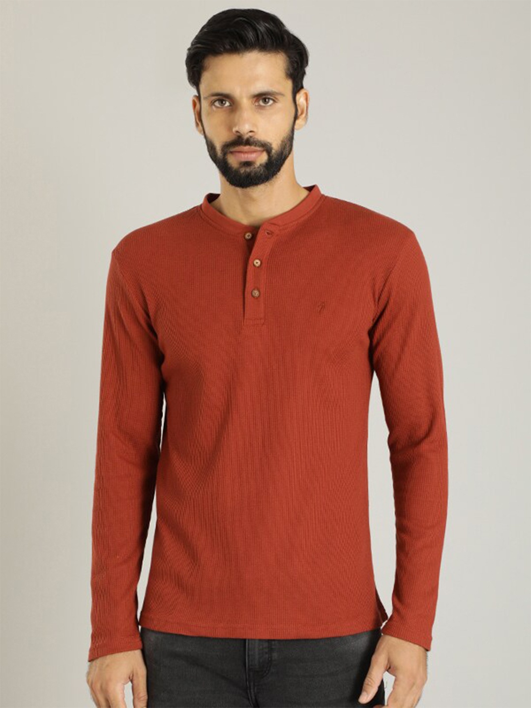 

Indian Terrain Mandarin Collar Casual T-shirt, Red