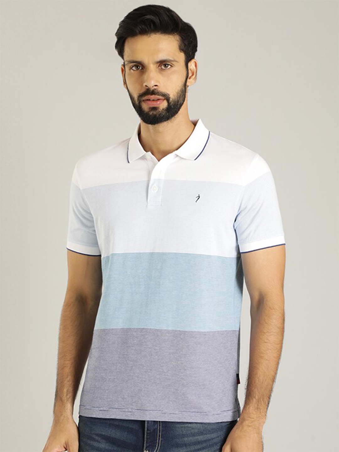 

Indian Terrain Colourblocked Polo Collar Pure Cotton T-shirt, Navy blue