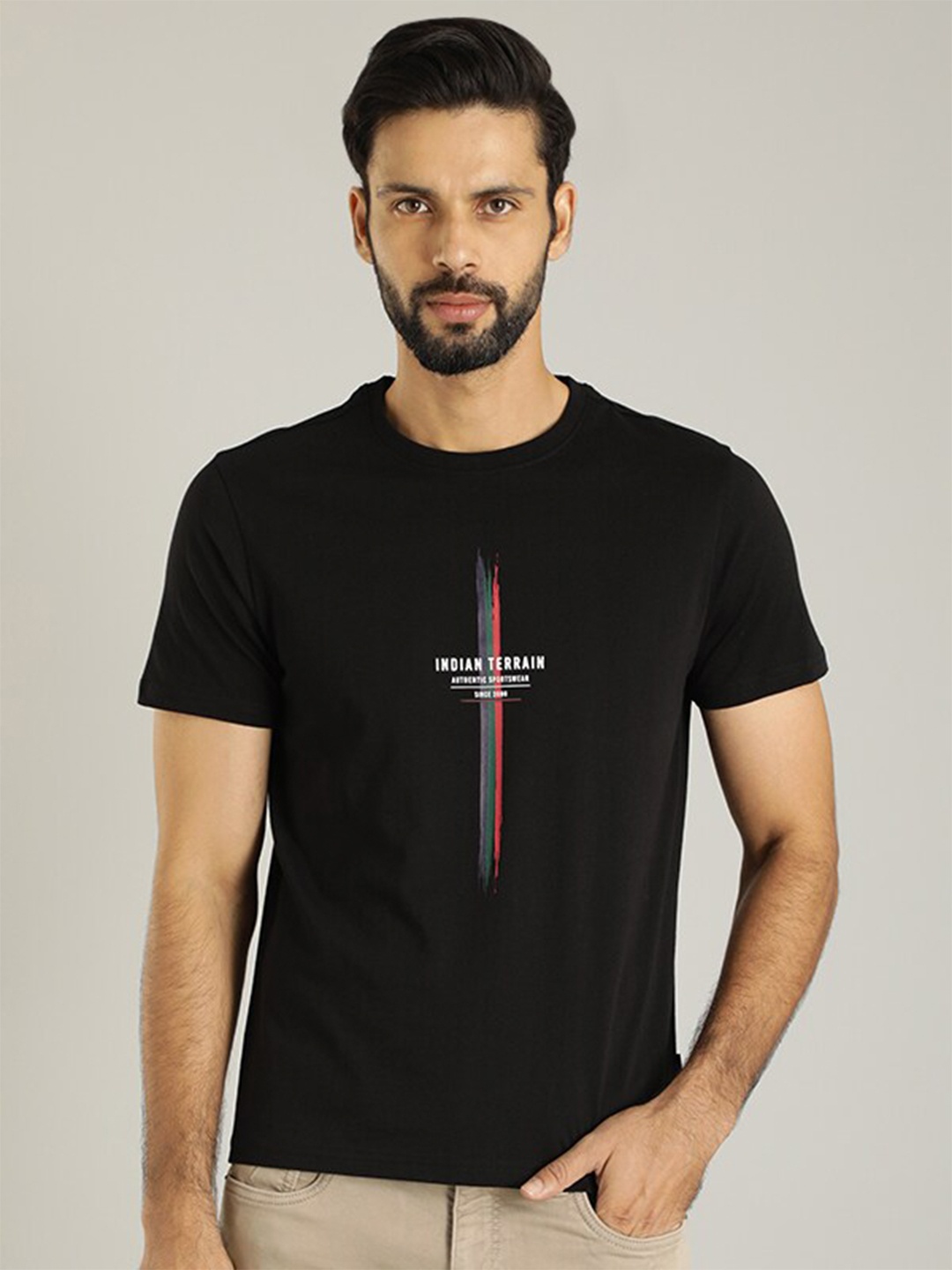 Indian Terrain Typography Printed Round Neck Pure Cotton T-shirt, Black