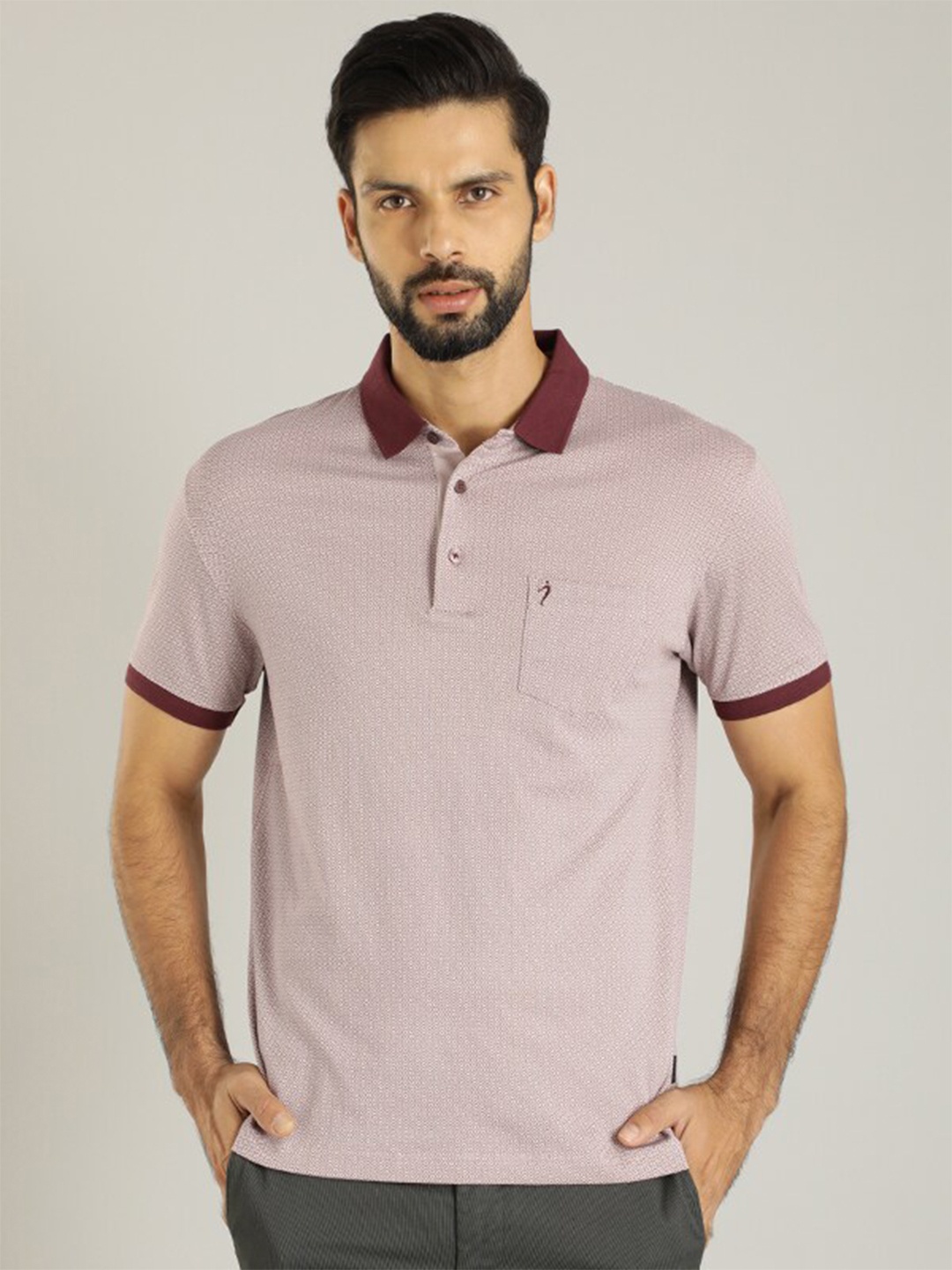 

Indian Terrain Geometric Printed Polo Collar Pockets Cotton T-shirt, Maroon