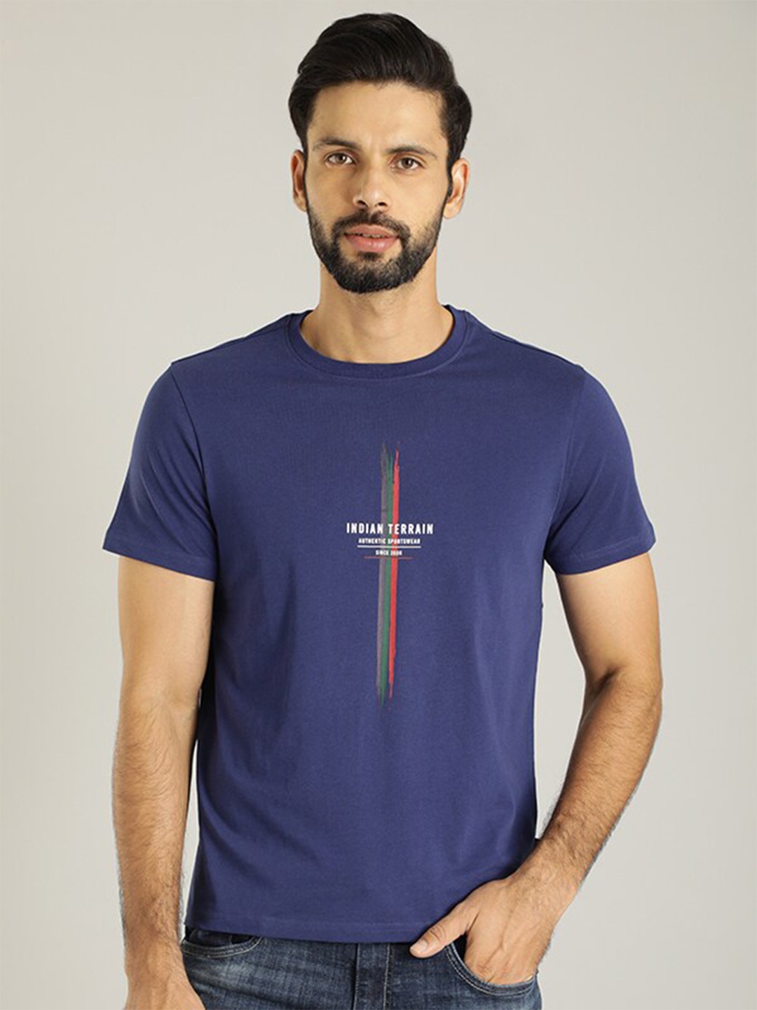 Indian Terrain Typography Printed Round Neck Pure Cotton T-shirt, Navy blue