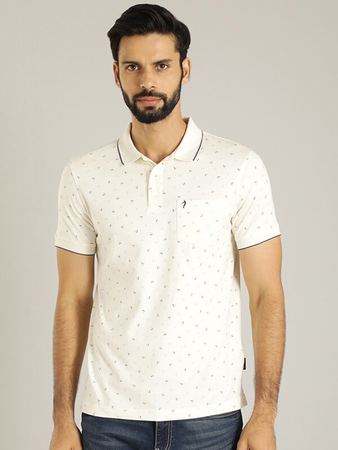

Indian Terrain Micro Ditsy Printed Polo Collar Pure Cotton T-shirt, Off white