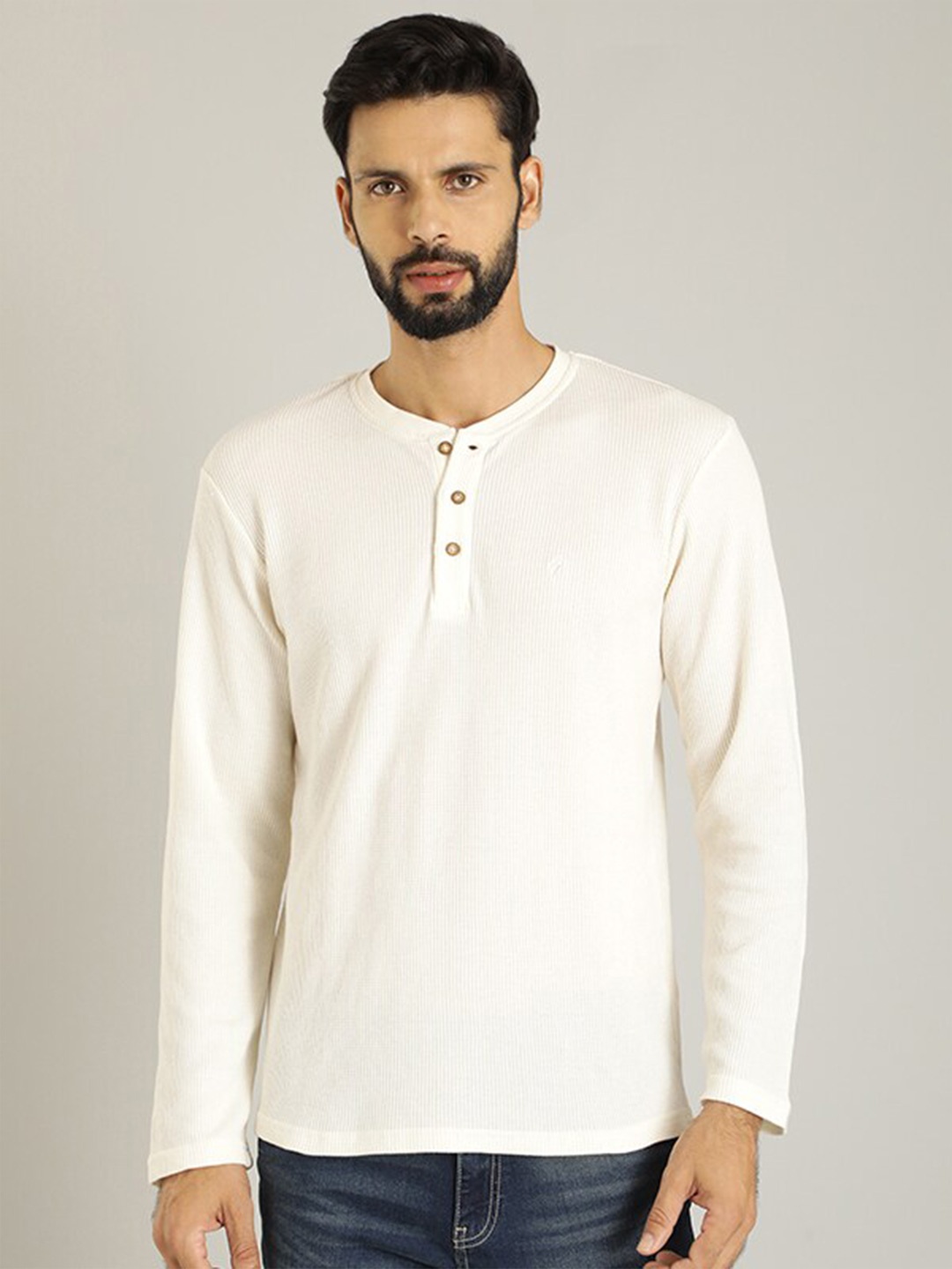 

Indian Terrain Self Design Henley Neck Cotton T-shirt, White